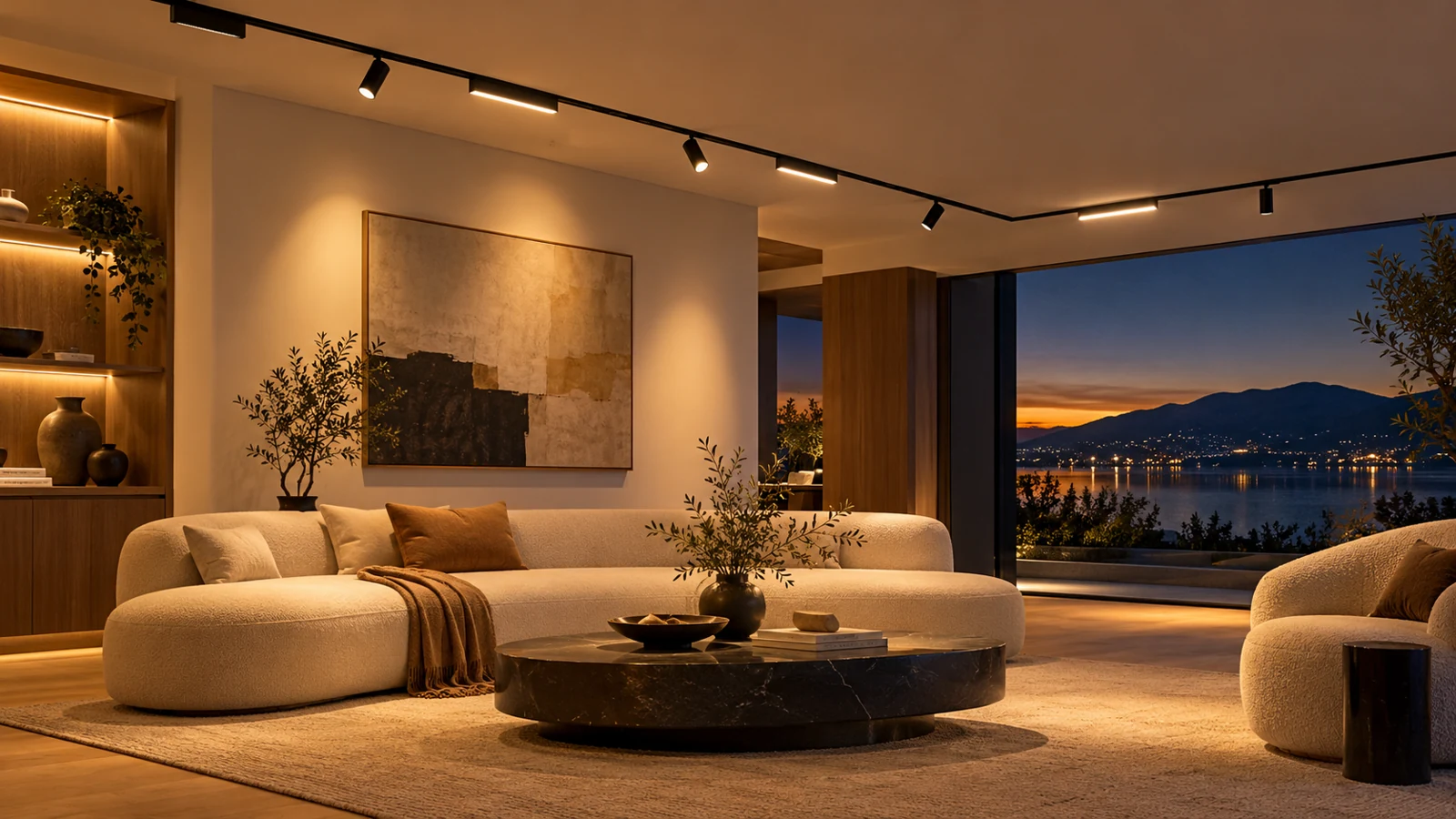 Illustrative interior with layered ceiling lighting